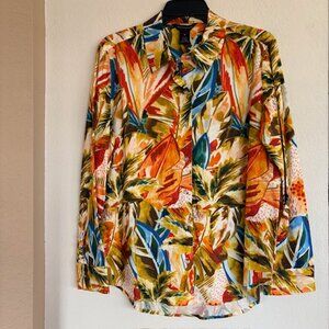 Investments Womens M Stretch Linen Blend Woven Palm Beach Button Up Long Sleeve